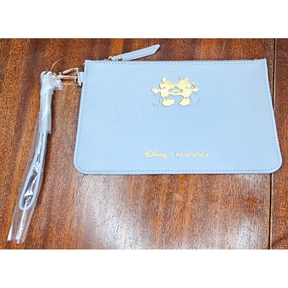 Disney Pandora Mickey Minnie Wristlet Pouch Light Blue Gold Clutch 9x6 Limited